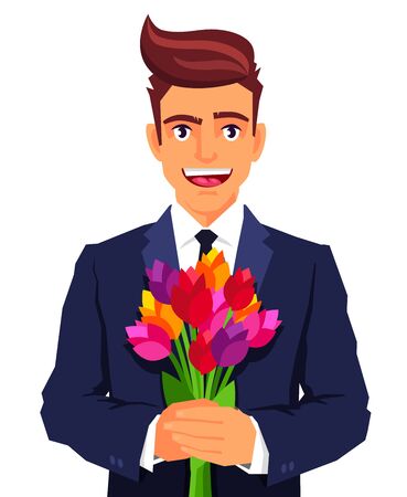 Handsome smiling man with a bouquet of flowers. Vector illustration on white background. Great holiday gift card. Cute character. Happy Birthday. Congratulations on March 8のイラスト素材