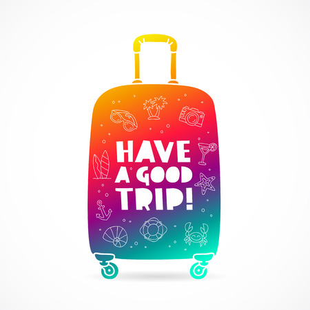 Rainbow suitcase with a sign - Have a good trip and summer icons. Trend lettering. Vector illustration on white background.のイラスト素材