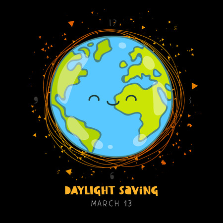 Daylight saving. Vector illustration of planet Earth on a black background. Lettering. Ecology concept.のイラスト素材