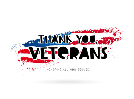 Thank you, veterans. Honoring all who served. Lettering. Vector illustration on white background with a smear ink of colors of the American flag.のイラスト素材