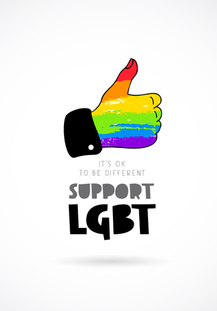 Support LGBT. It's okay to be different. Lettering. Like - rainbow hand. Vector illustration on white background. Sex Culture concept.のイラスト素材