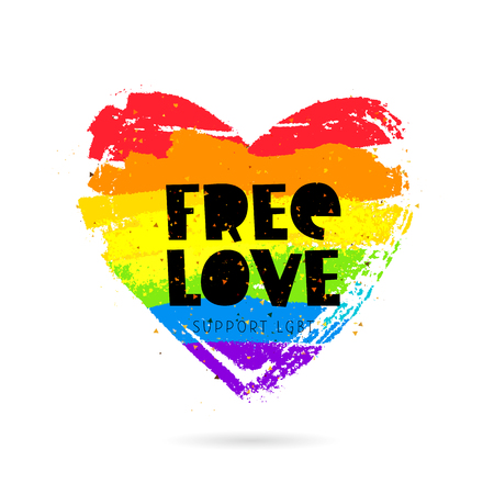Free love. Support LGBT. Lettering. Big rainbow heart. Vector illustration on white background. Sex Culture concept.のイラスト素材