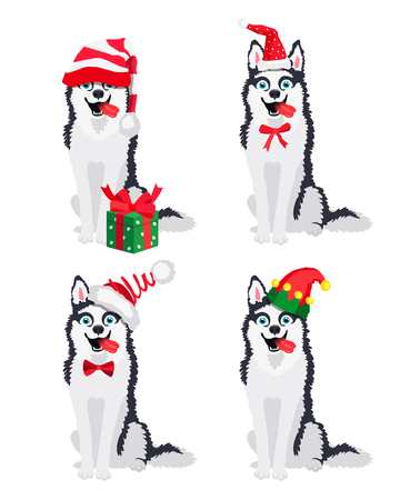 Nice dog Husky breed in a New Year hat. Vector illustration on white background. Friend of human. Symbol 2018.のイラスト素材