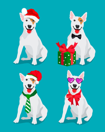 Lovely dog ?Bullterrier breed in a New Year hat. Vector illustration on a blue background. Friend of human. Symbol of the 2018.のイラスト素材