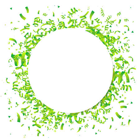 Green confetti with a large white circle in the center. Vector illustration. The concept of the design of a holiday greeting card. Place for the text.のイラスト素材