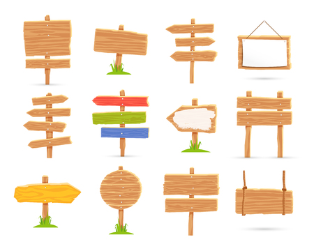 Set of wooden tablets and signs. Vector icons on white background. Elements for design. Concept of location.のイラスト素材