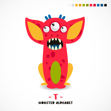 Monster alphabet. Letter T. A strange animal. Vector illustration on white background. Great children's print. The concept of a kid's toy.のイラスト素材