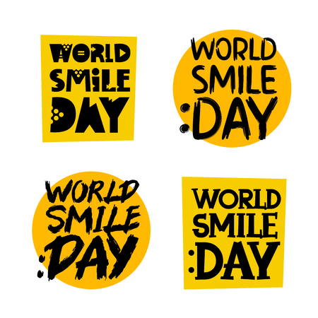 Set of yellow stickers with the words "World Smile Day". Vector icons on white background. Lettering.のイラスト素材