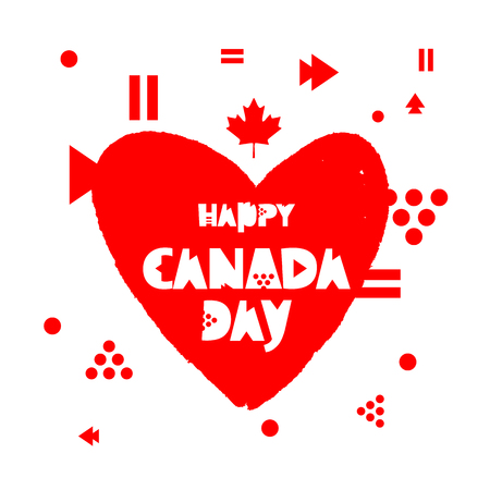 Happy Canada Day. Red heart. A maple leaf. Vector illustration on white background. Lettering. Great holiday gift card.のイラスト素材
