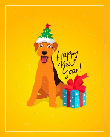 Happy New Year! Cheerful dog in a funny hat with a gift box with a bow. Calligraphy and lettering vector holiday card symbol of 2018.のイラスト素材