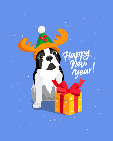 Happy New Year! Cheerful dog in a green hat with deer horns with a gift box. Calligraphy and lettering. Vector holiday card. Symbol of the year 2018. Bulldog.のイラスト素材