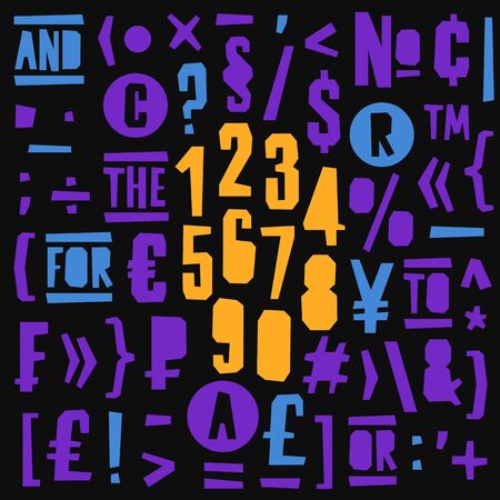 Geometric vector numbers and symbols on black background. Lettering, typography. English alphabet. Elements for design.のイラスト素材