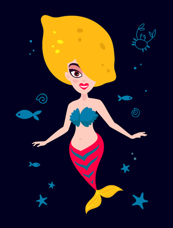 Beautiful mermaid. Yellow lemon. Vector illustration on a dark blue background. Summer print on a T-shirt.のイラスト素材