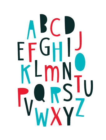 Kids geometric vector font on white background. Uppercase letters and symbols. Lettering, typography. English alphabet. Elements for design.のイラスト素材