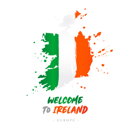Welcome to Ireland. Europe. Flag and map of the country of Ireland from brush strokes. Lettering. Vector illustration on white background.のイラスト素材