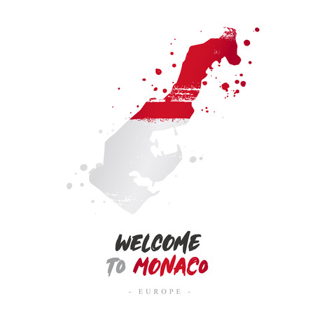 Welcome to Monaco. Europe. Flag and map of the country of  Monaco from brush strokes. Lettering. Vector illustration on white background.のイラスト素材