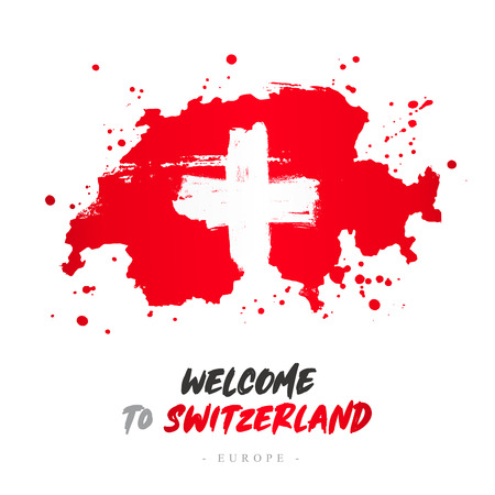 Welcome to Switzerland. Europe. Flag and map of the country of Switzerland from brush strokes. Lettering. Vector illustration on white background.のイラスト素材