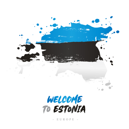 Welcome to Estonia. Europe. Flag and map of the country of Estonia from brush strokes.Lettering. Vector illustration on white background.のイラスト素材