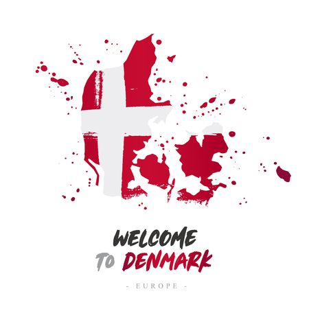 Welcome to Denmark. Europe. Flag and map of the country of Denmark from brush strokes. Lettering. Vector illustration on white background.のイラスト素材