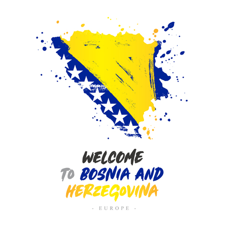 Welcome to Bosnia and Herzegovina. Europe. Flag and map of the country of Bosnia and Herzegovina from brush strokes. Lettering. Vector illustration on white background.のイラスト素材