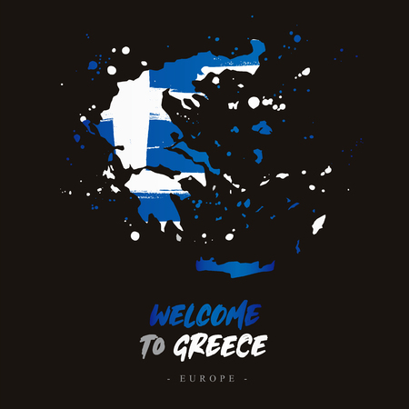 Welcome to Greece. Europe. Flag and map of the country of Greece from brush strokes.Lettering. Vector illustration on black background.のイラスト素材