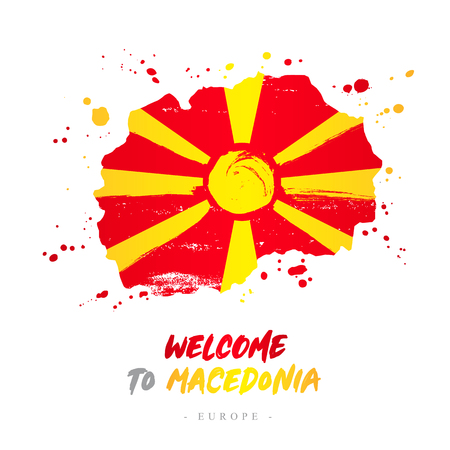 Welcome to Macedonia. Europe. Flag and map of the country of Macedonia from brush strokes. Lettering. Vector illustration on white background.のイラスト素材