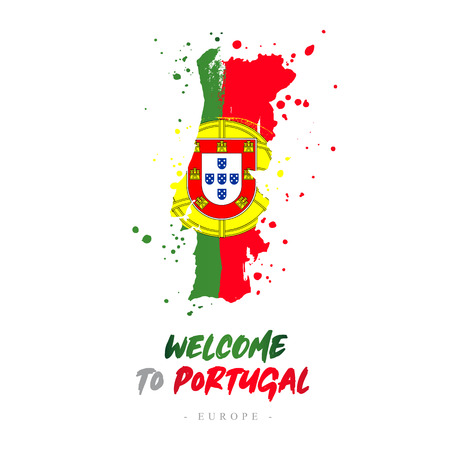 Welcome to Portugal. Europe. Flag and map of the country of Portugal from brush strokes. Lettering. Vector illustration on white background.のイラスト素材