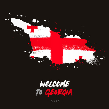 Welcome to Georgia. Asia. Flag and map of the country of Georgia from brush strokes.Lettering. Vector illustration on black background.のイラスト素材