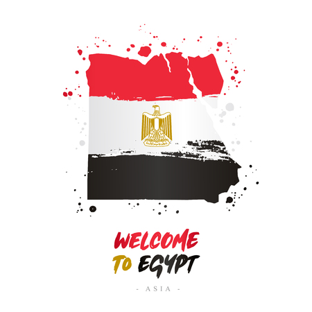 Welcome to Egypt. Asia. Flag and map of the country of Egypt from brush strokes.Lettering. Vector illustration on white background.のイラスト素材