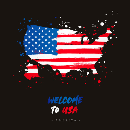 Welcome to USA. America. Flag and map of the country of USA from brush strokes.Lettering. Vector illustration on black background.のイラスト素材
