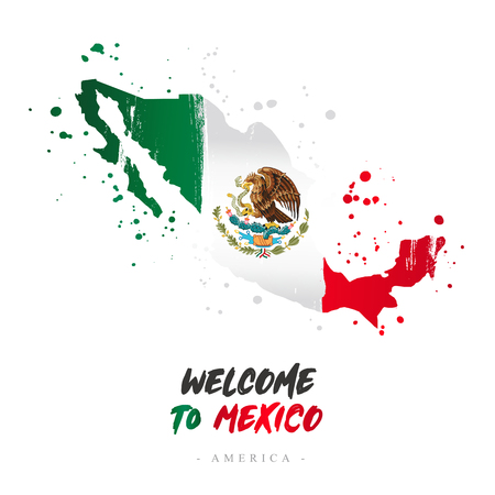 Welcome to Mexico. America. Flag and map of the country of Mexico from brush strokes.Lettering. Vector illustration on white background.のイラスト素材