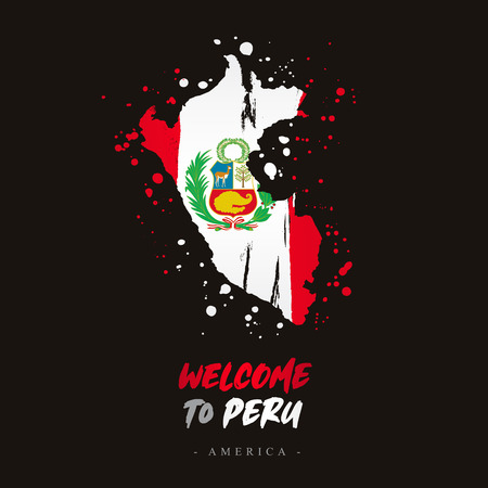 Welcome to Peru. America. Flag and map of the country of Peru from brush strokes.Lettering. Vector illustration on black background.のイラスト素材