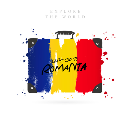 Suitcase with the flag of Romania. Inscription - Let's go to Romania. Lettering. Vector illustration on white background.のイラスト素材