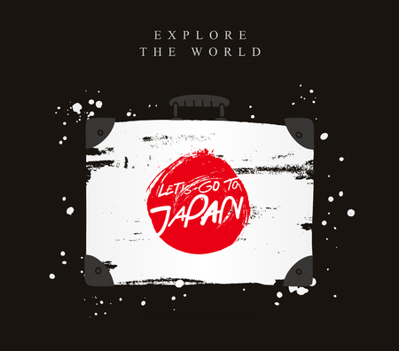 Suitcase with the flag of Japan. Inscription - Let's go to Japan. Lettering. Vector illustration on black background.のイラスト素材