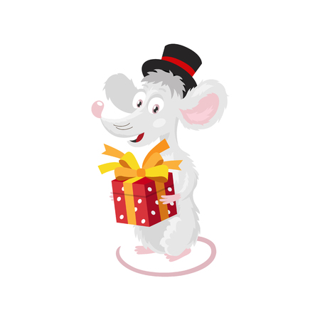 Cheerful little mouse in a black top hat with a red gift box. The symbol of the new Chinese 2020. Holiday card. Vector illustration on white background.のイラスト素材