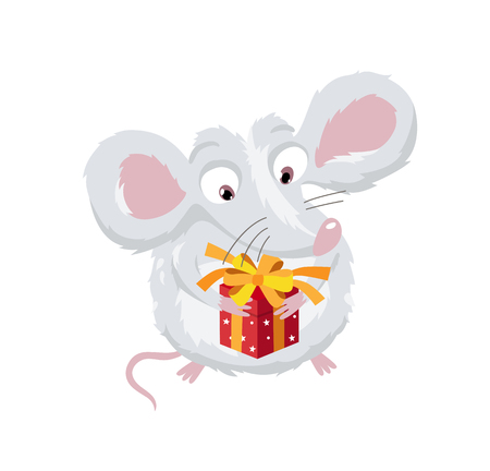 Cute little mouse with a red gift box. The symbol of the new Chinese 2020. Holiday card. Vector illustration on white background.のイラスト素材