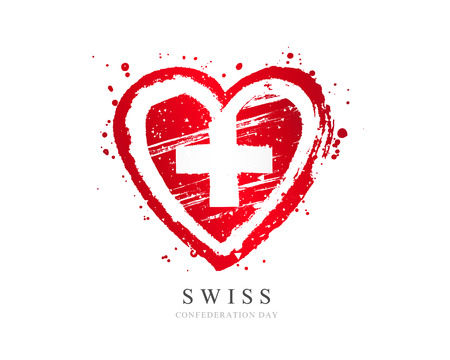 Swiss flag in the form of a big heart. Vector illustration on white background. Brush strokes drawn by hand. Swiss Independence Day. Confederation Day.のイラスト素材