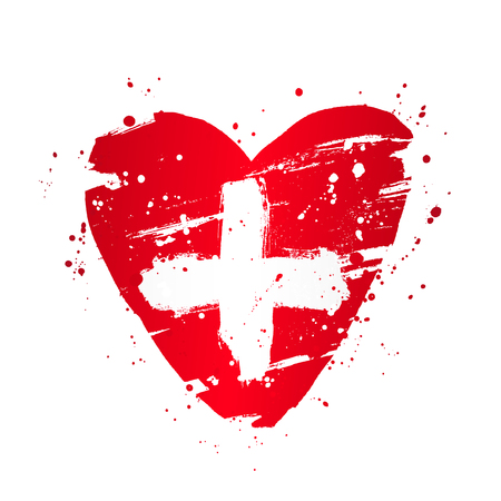 Swiss flag in the form of a big heart. Vector illustration on white background. Brush strokes drawn by hand. Independence Day. Confederation Day.のイラスト素材