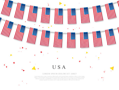 Garland of American flags. USA Independence Day. Vector illustration on white background. Elements for design.のイラスト素材