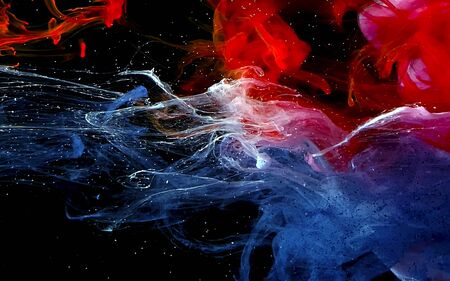White, blue and red watercolor ink in water. Abstract background. Cool trending screensaver. A...