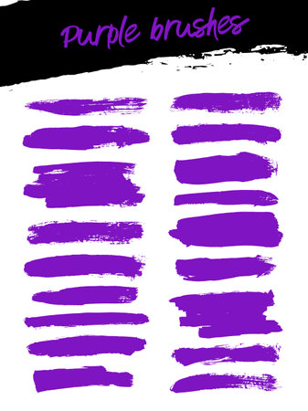 Collection of purple brush strokes drawn by hand. Vector illustration isolated on white background.のイラスト素材