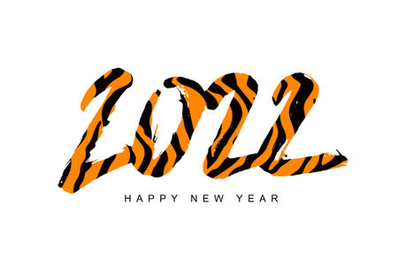 Happy New Year lettering and large tiger numbers 2022. Year of the Tiger. Striped 2022. Festive New...
