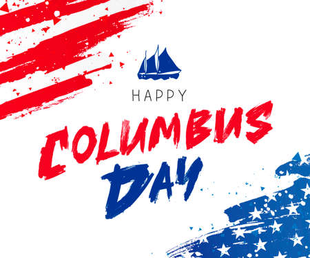 Happy Columbus Day. Great holiday gift card. American flag and ship. Vector illustration on white background.のイラスト素材