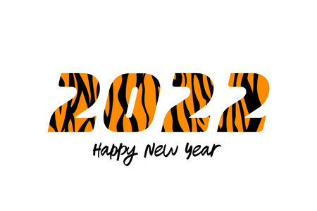 The numbers 2022 in the tiger pattern. Happy New Year lettering. Year of the Tiger. Striped 2022. Festive New Year greeting card. Vector illustration isolated on white background.のイラスト素材