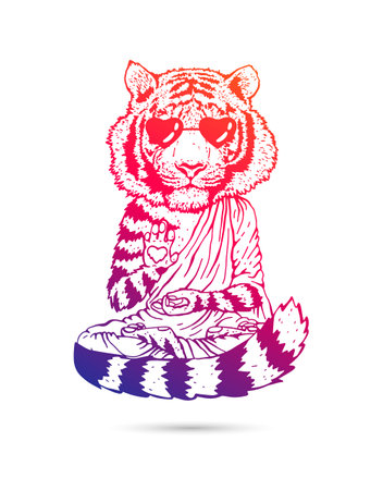 Tiger - Buddha - a monk in cool sunglasses. Buddhist in a robe. A tiger in a lotus position soars above the ground. Vector illustration isolated on white background. Horse drawing. The symbol of the new 2022.のイラスト素材