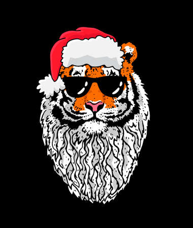 Tiger - Santa in a New Year's red cap. Beautiful noble tiger with a bushy beard and sunglasses. Tiger head. Symbol of the new 2022. Vector illustration isolated on black background.のイラスト素材
