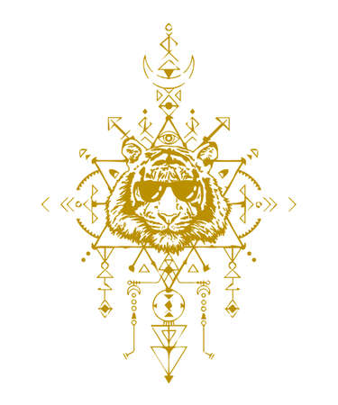 Gold tiger head in sunglasses. Sacred geometry. Detailed drawing of a tiger. Third Eye. T-shirt print. Vector illustration isolated on white background. The symbol of the new year 2022.のイラスト素材