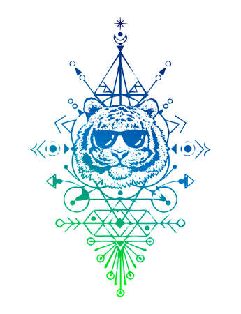 Color tiger head in sunglasses. Sacred geometry. Detailed drawing of a tiger. T-shirt print. Vector illustration isolated on white background. The symbol of the new year 2022.のイラスト素材