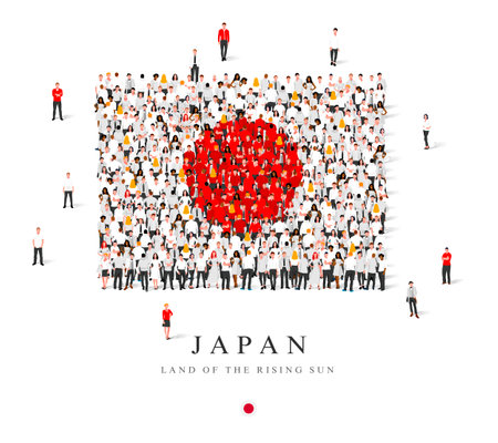 A large group of people are standing in white and red robes, symbolizing the flag of Japan. Vector illustration isolated on white background. Land of the rising sun. Japan flag made from people.のイラスト素材