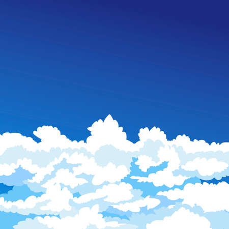 White beautiful fluffy curly clouds against the blue sky. Vector illustration. Natural relaxation background.のイラスト素材